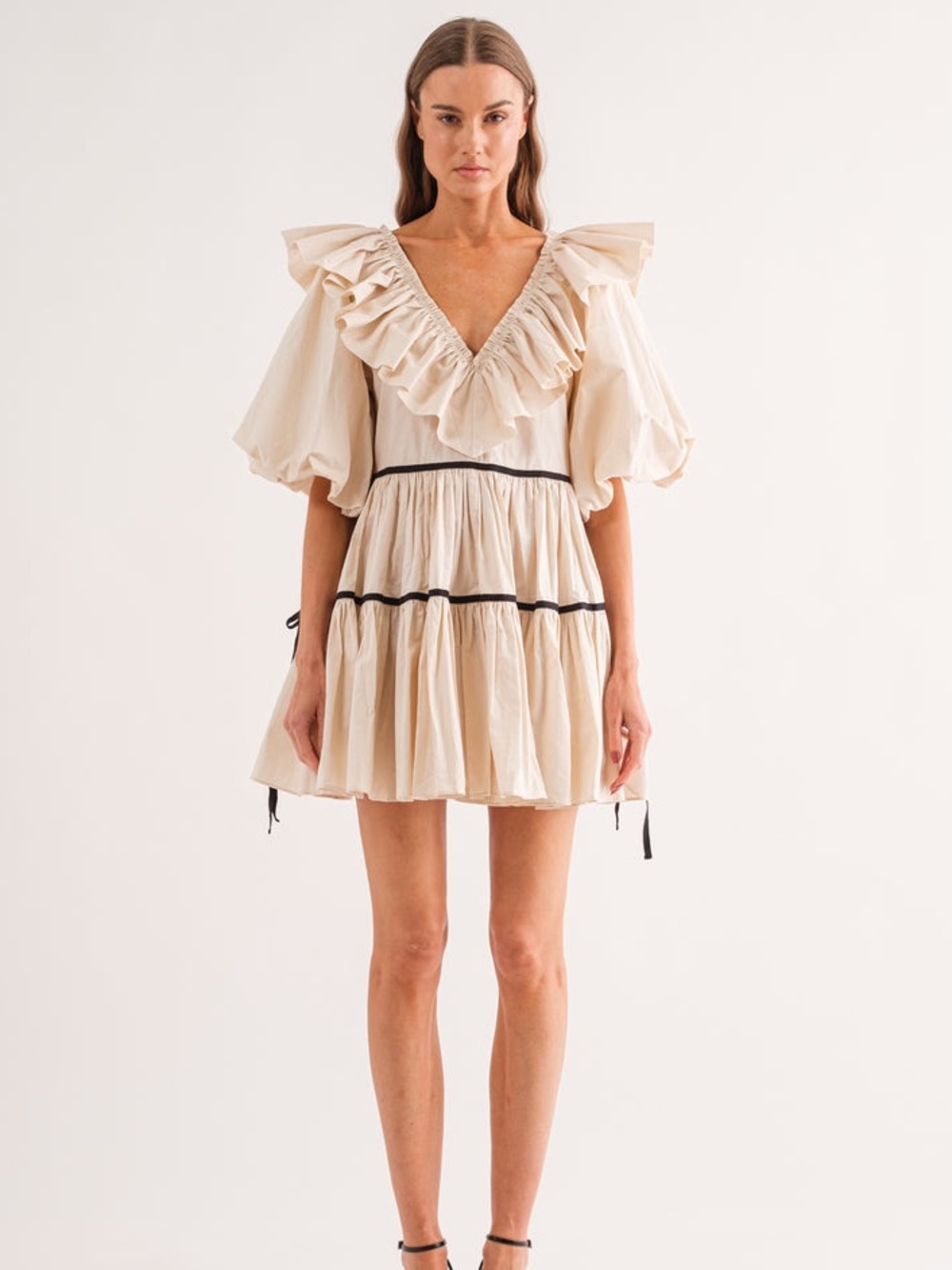 Cream Ruffle V-Neck Mini Dress - Vici